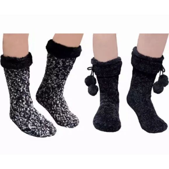 JANE AND BLEECKER Chenille Faux Fur Slipper Socks, Womens 2 Pair Pack, Black NWT - Picture 2 of 4